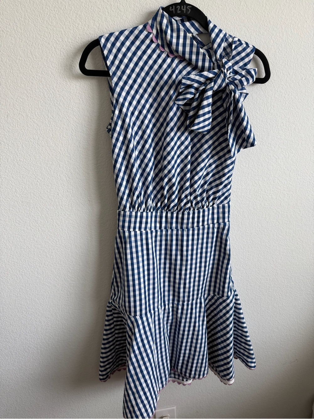 Sleeveless Navy and White Gingham Midi Dress with Neck Tie